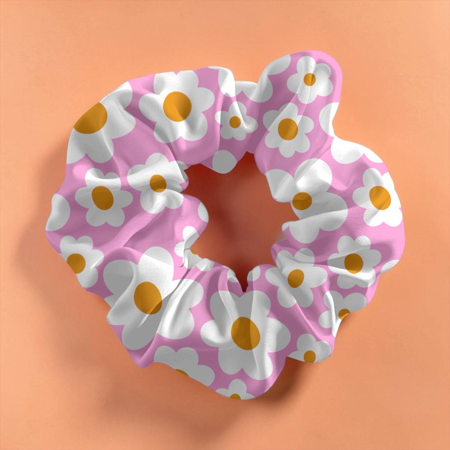 Pink Daisy Satin Scrunchie