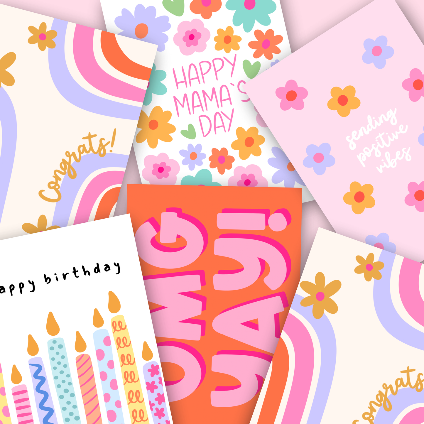 Collection of colorful greeting cards with various designs and text.