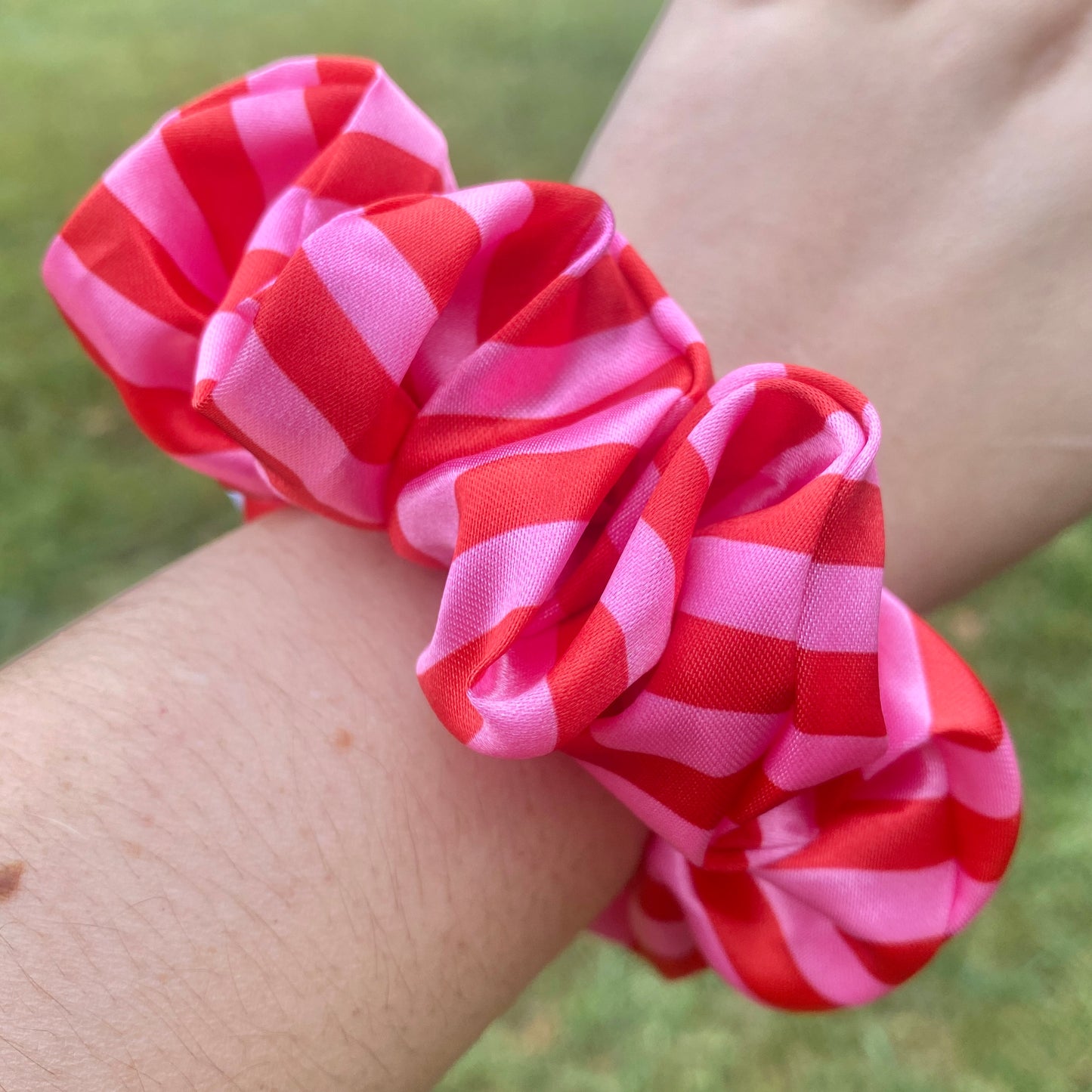 Pink & Red Stripes Satin Scrunchie