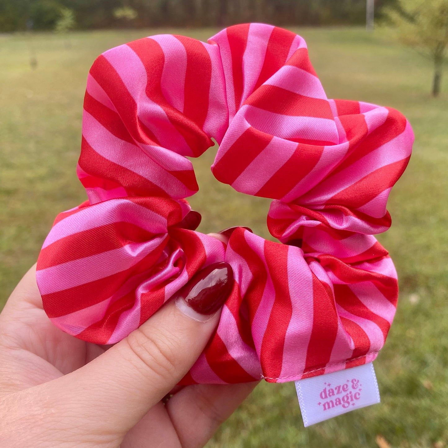 Pink & Red Stripes Satin Scrunchie