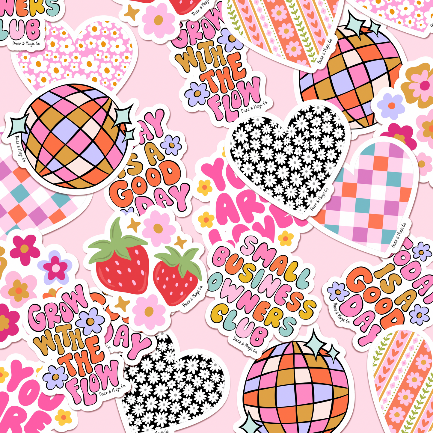 Collection of colorful stickers with text and graphics on a pink background