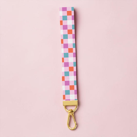 Pastel Checkered Lanyard Wristlet Keychain