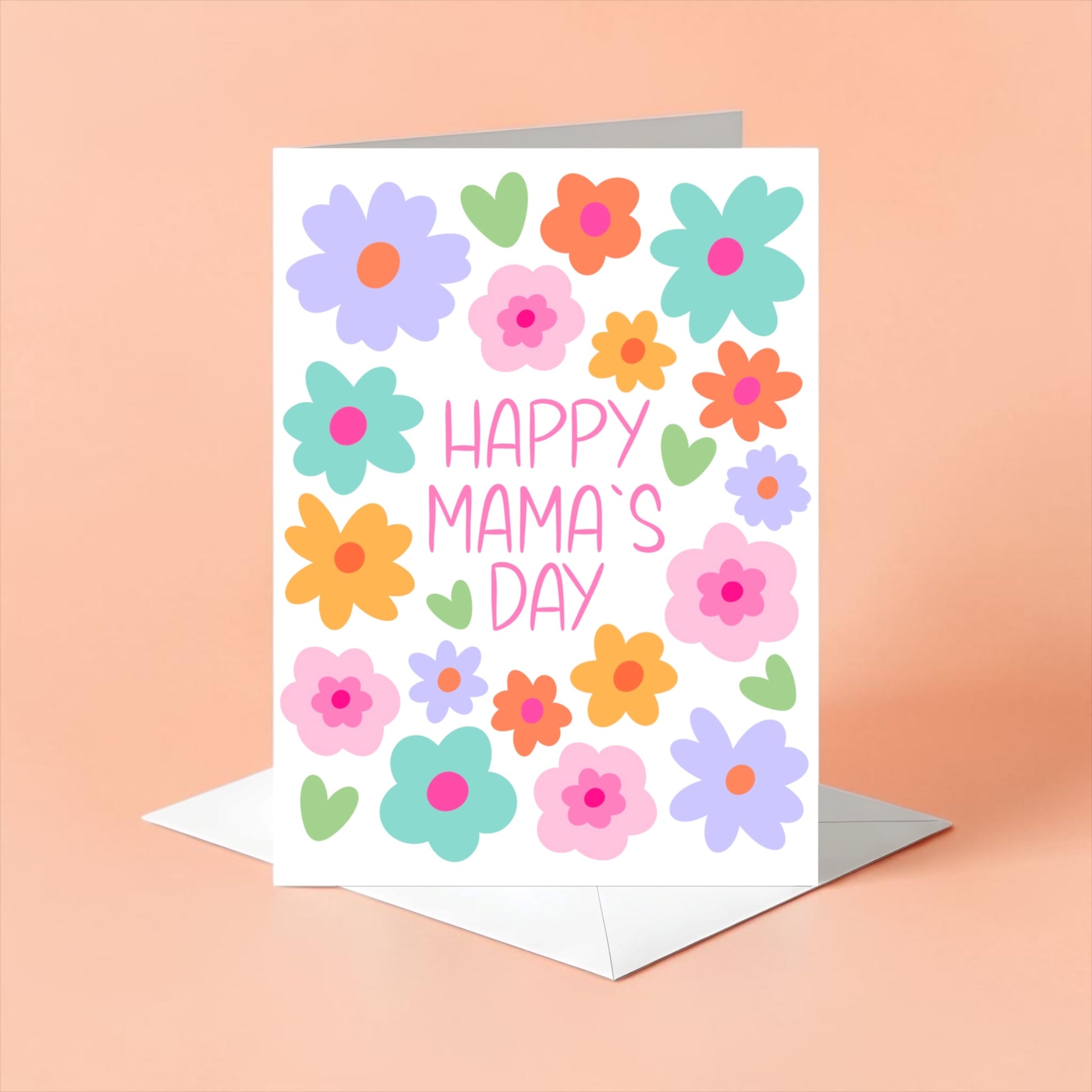 Greeting card with colorful flowers and 'Happy Mama's Day' text on a peach background