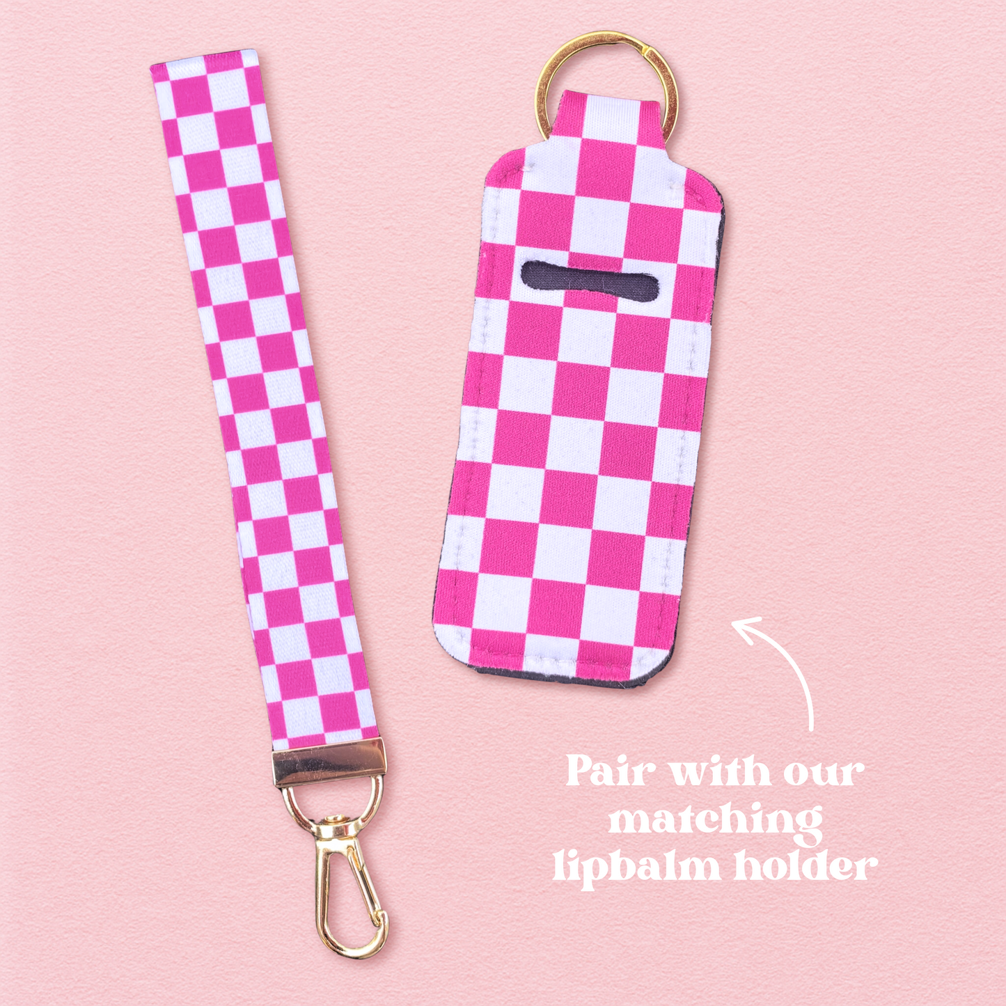Pink Checkered Lanyard Wristlet