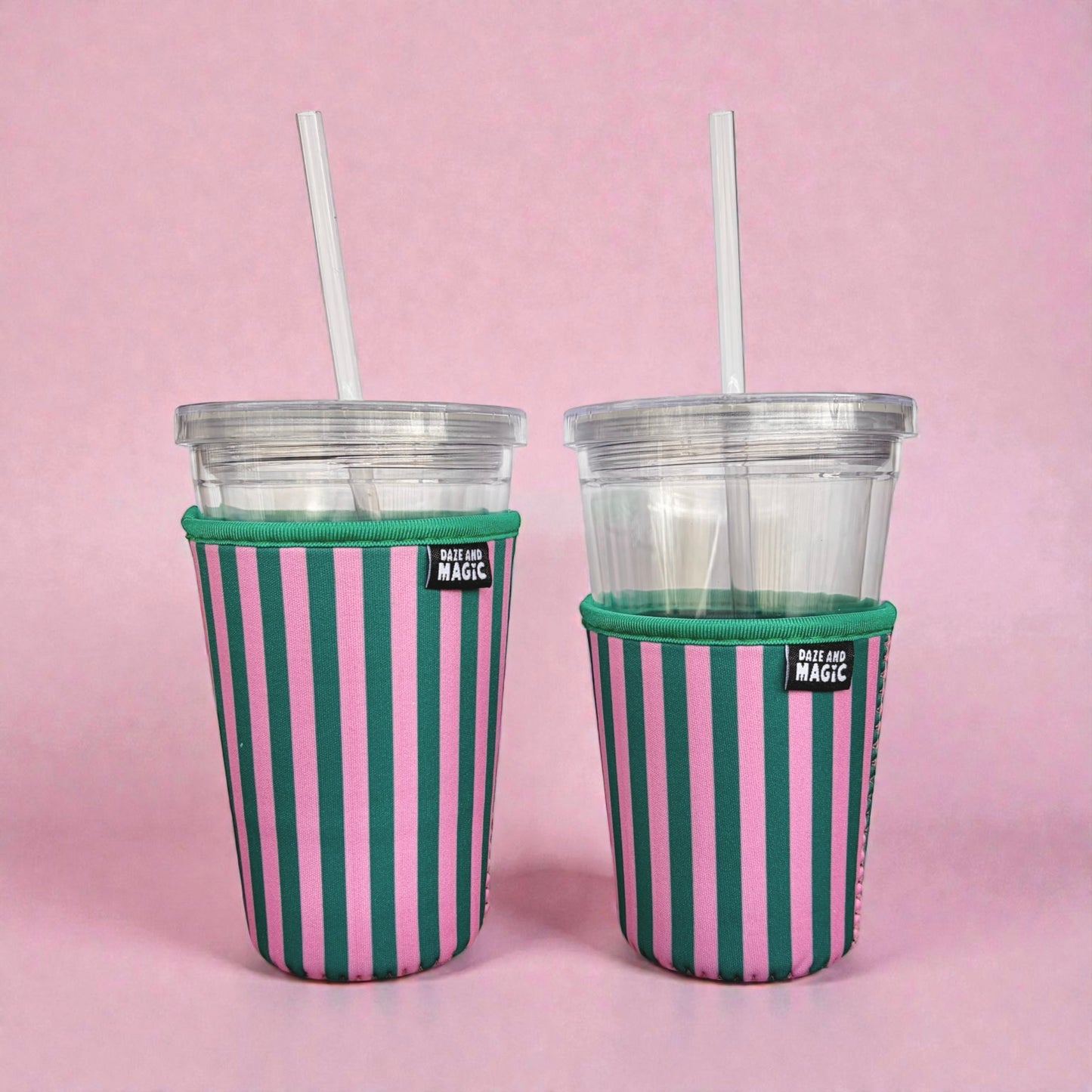 Pink & Green stripes iced coffee cup covers shown in 16oz and 24oz size comparison