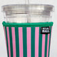 Close-up of neoprene iced coffee sleeve showing pink and green stripes pattern