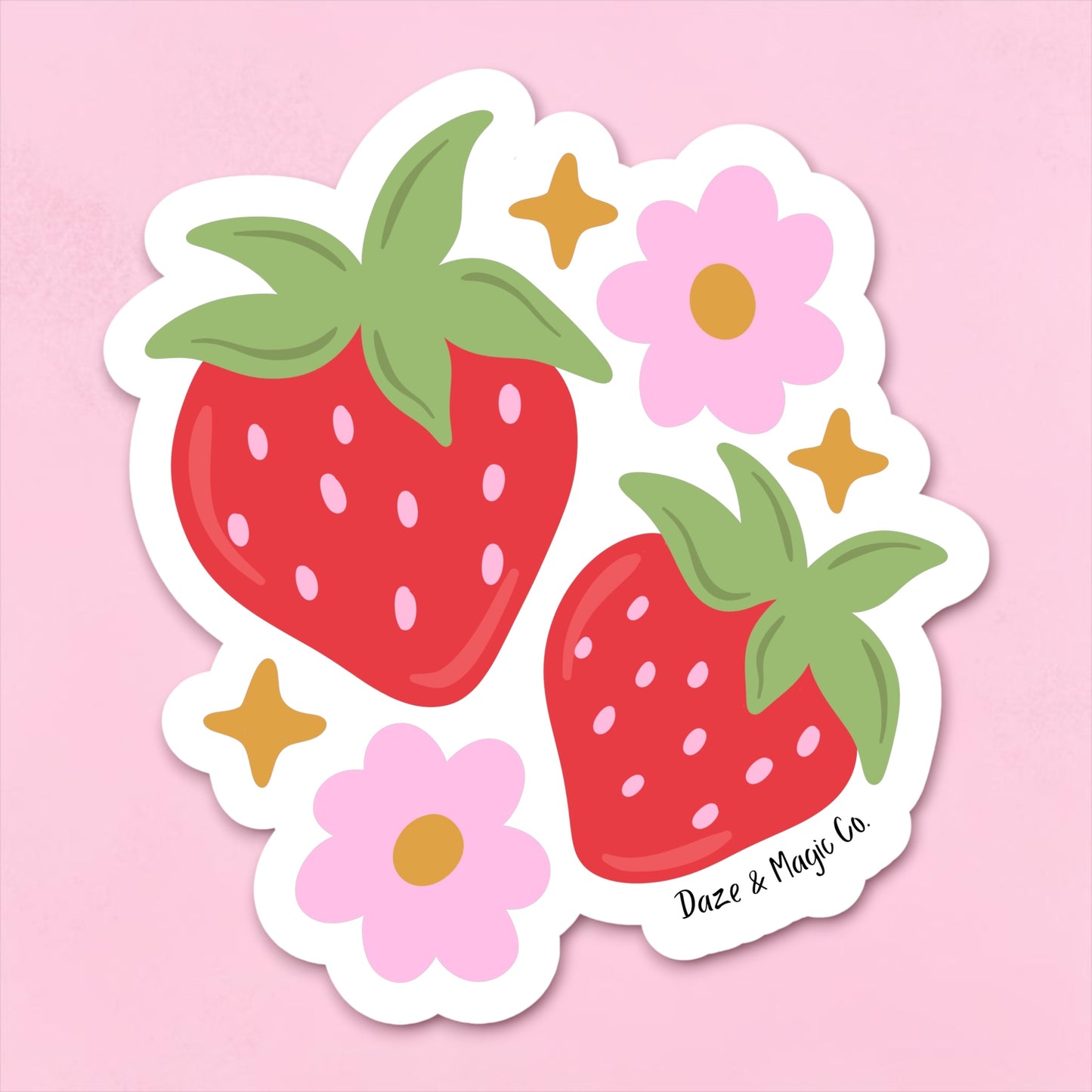 Sticker with strawberries and flowers on a pink background