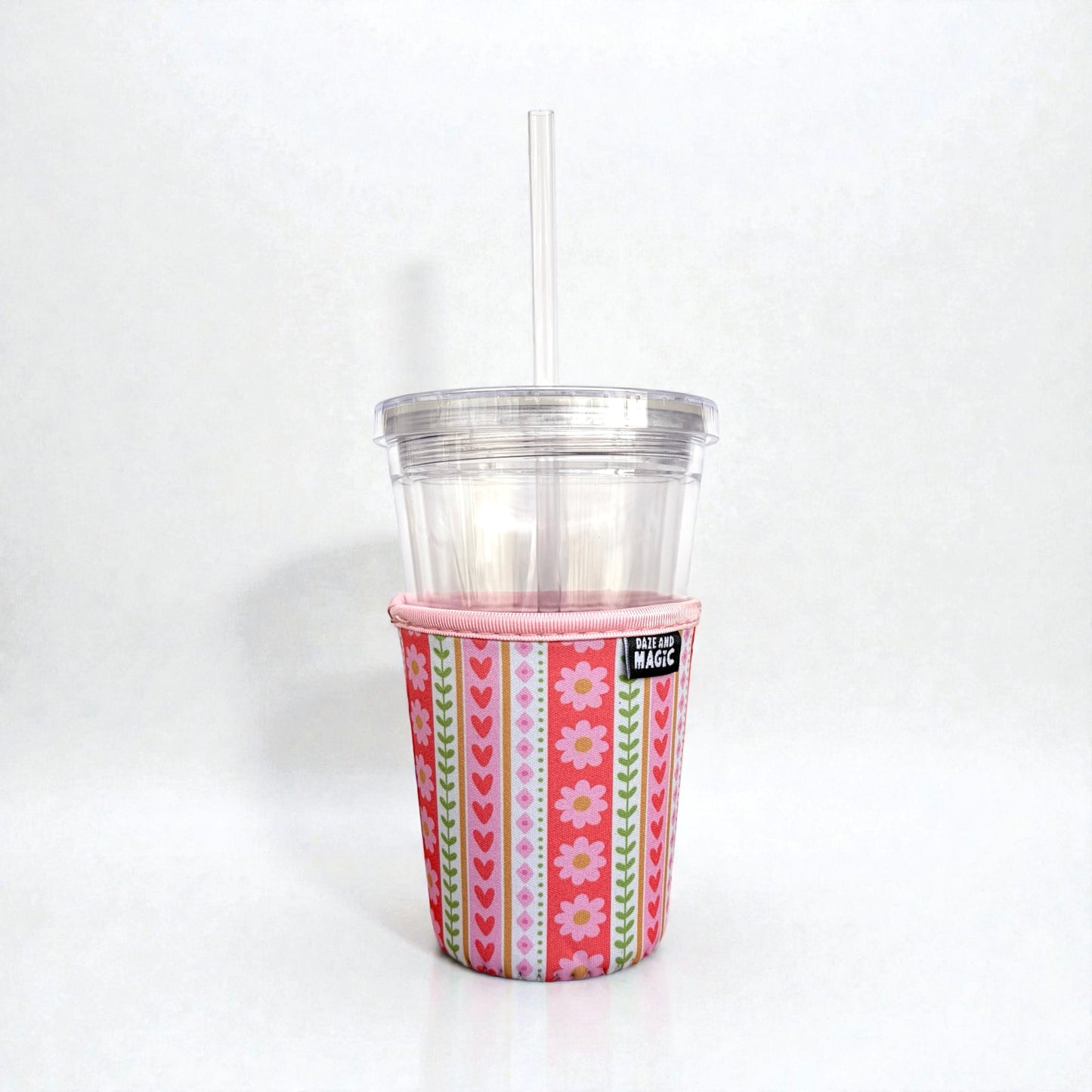 Striped Florals 16oz iced coffee sleeve on neutral background