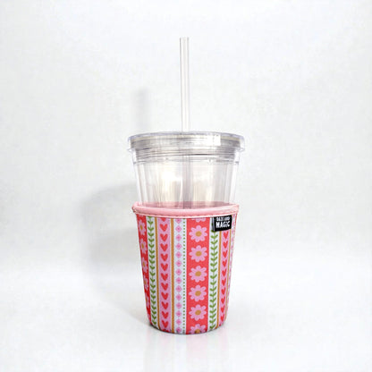 Striped Florals 16oz iced coffee sleeve on neutral background