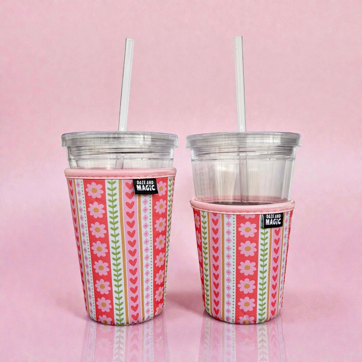 Striped floral iced coffee cup covers shown in 16oz and 24oz size comparison