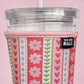Close up of neoprene striped florals cup cover