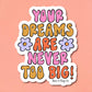 Sticker with colorful text 'Your dreams are never too big!' on a pink background